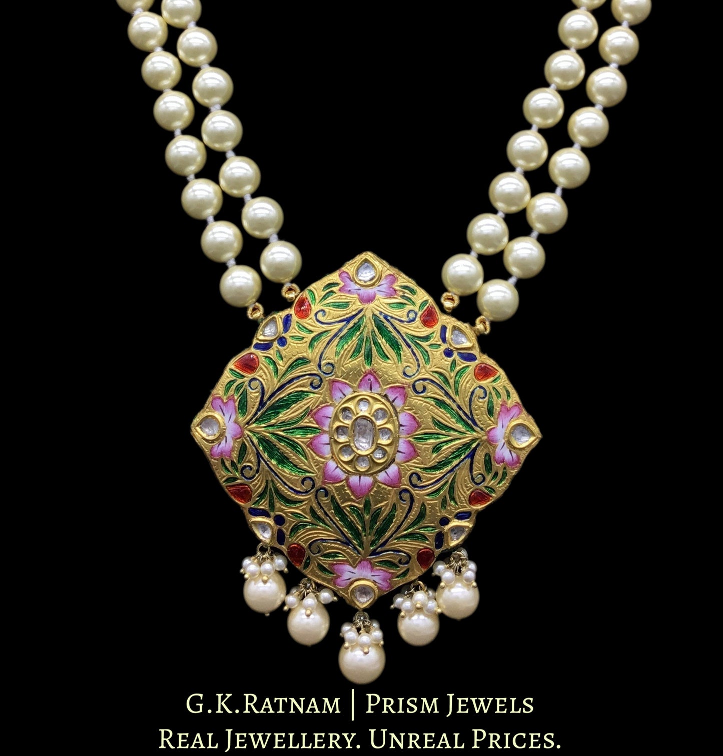 23k Gold and Diamond Polki multi-color designer Pendant with lustrous south-sea-like pearls