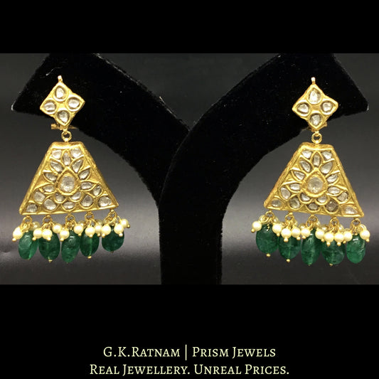 23k Gold and Diamond Polki two-step Long Earring Pair with trapezoidal hangings - G. K. Ratnam