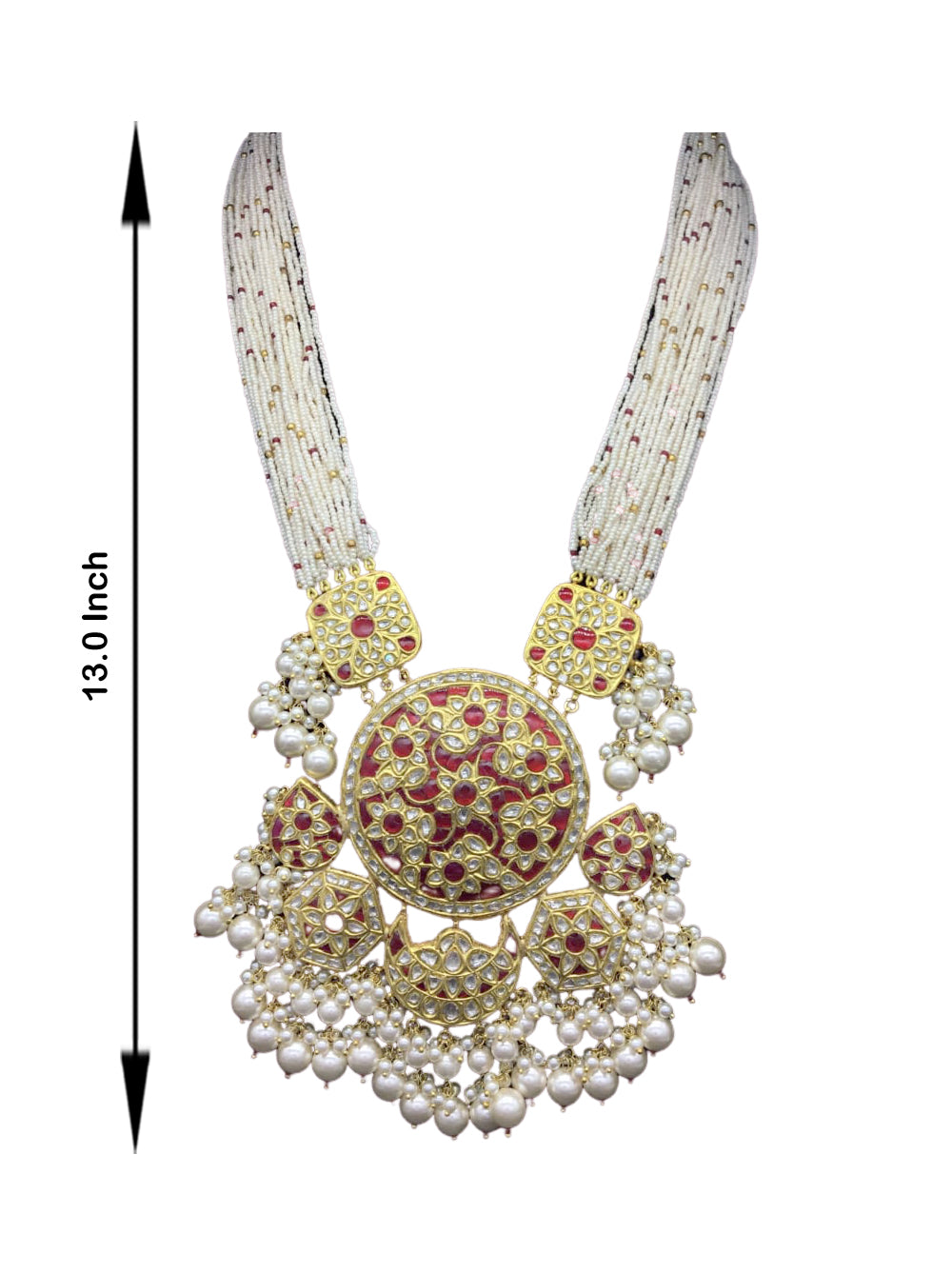 23k Gold and Diamond Polki Ruby Hybrid Pendant Set with tiny chid pearl bunches
