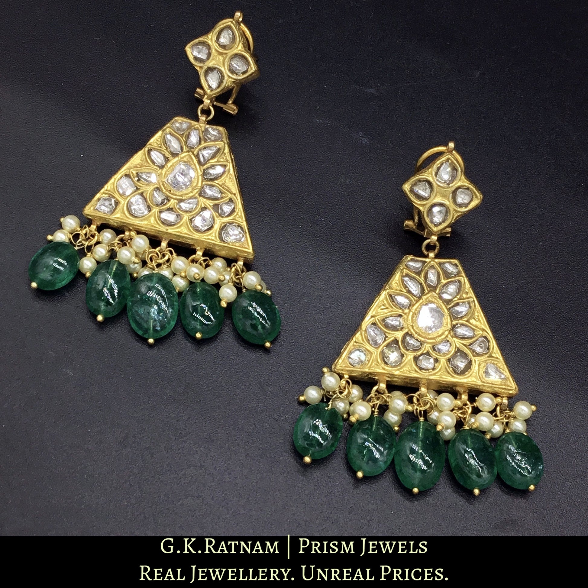 23k Gold and Diamond Polki two-step Long Earring Pair with trapezoidal hangings - G. K. Ratnam