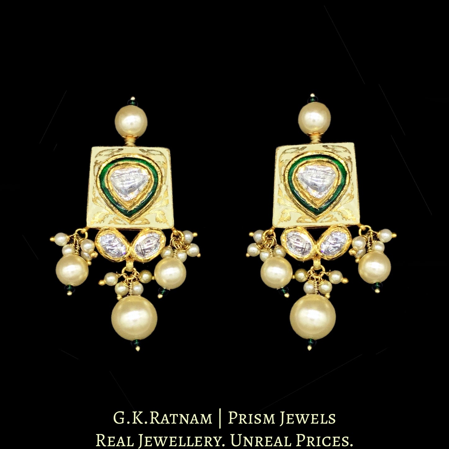 18k Gold and Diamond Polki cream enamel Choker Necklace Set with lustrous shell pearls