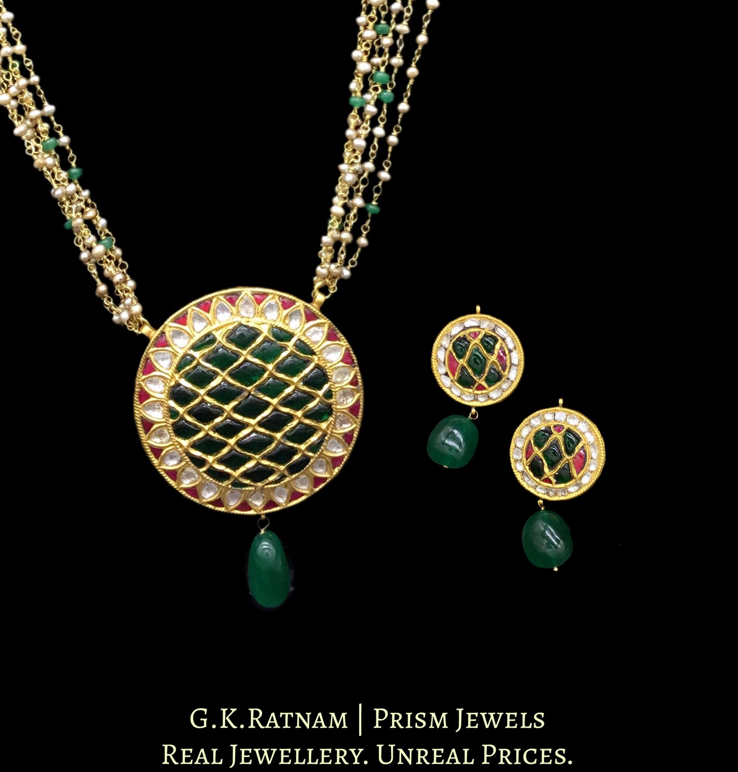 23k Gold and Diamond Polki round red and green Pendant Set with Antiqued freshwater pearl chains