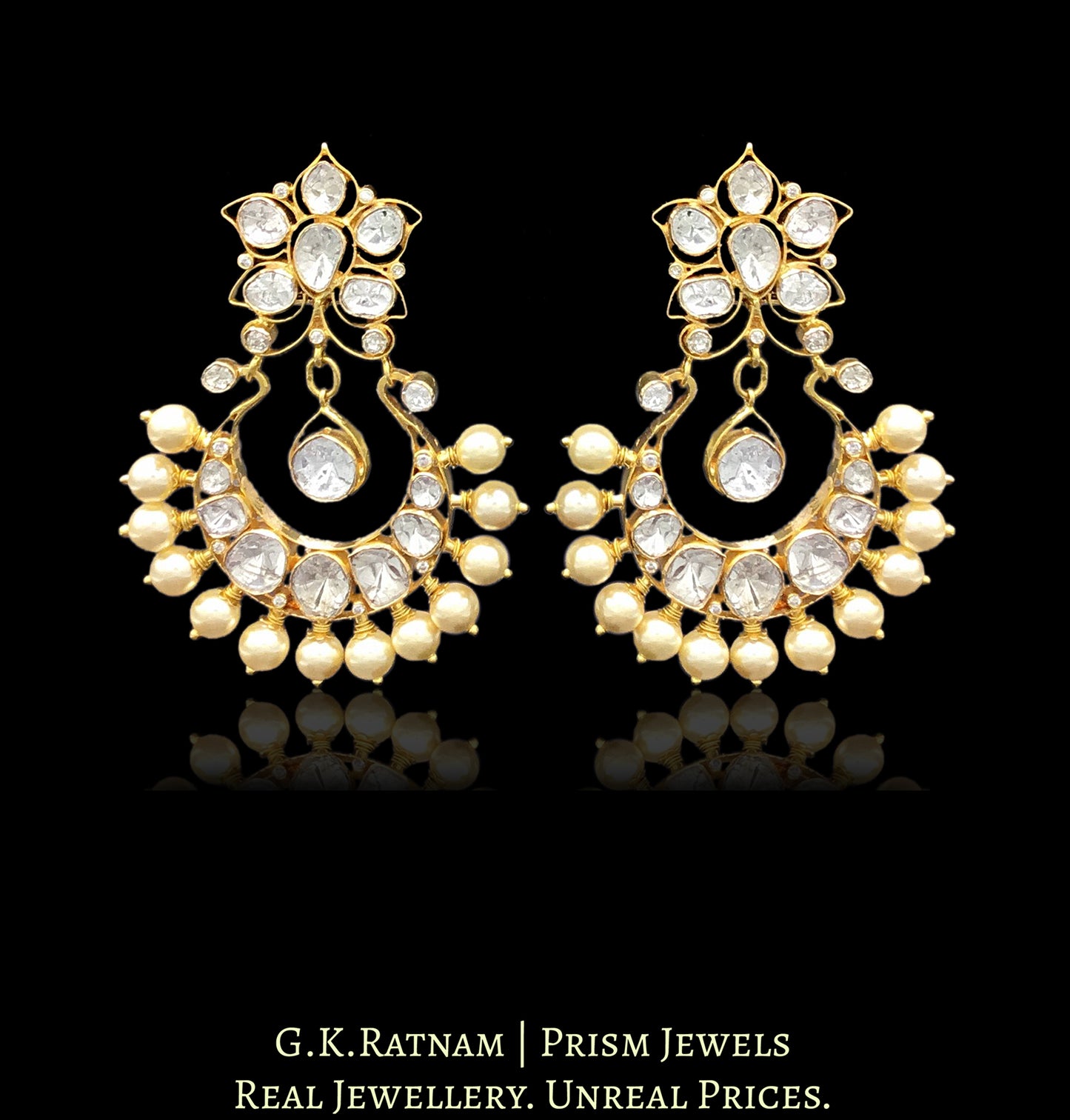 18k Gold and Diamond Polki Open Setting Chand Bali Earring Pair with pearl spikes - G. K. Ratnam