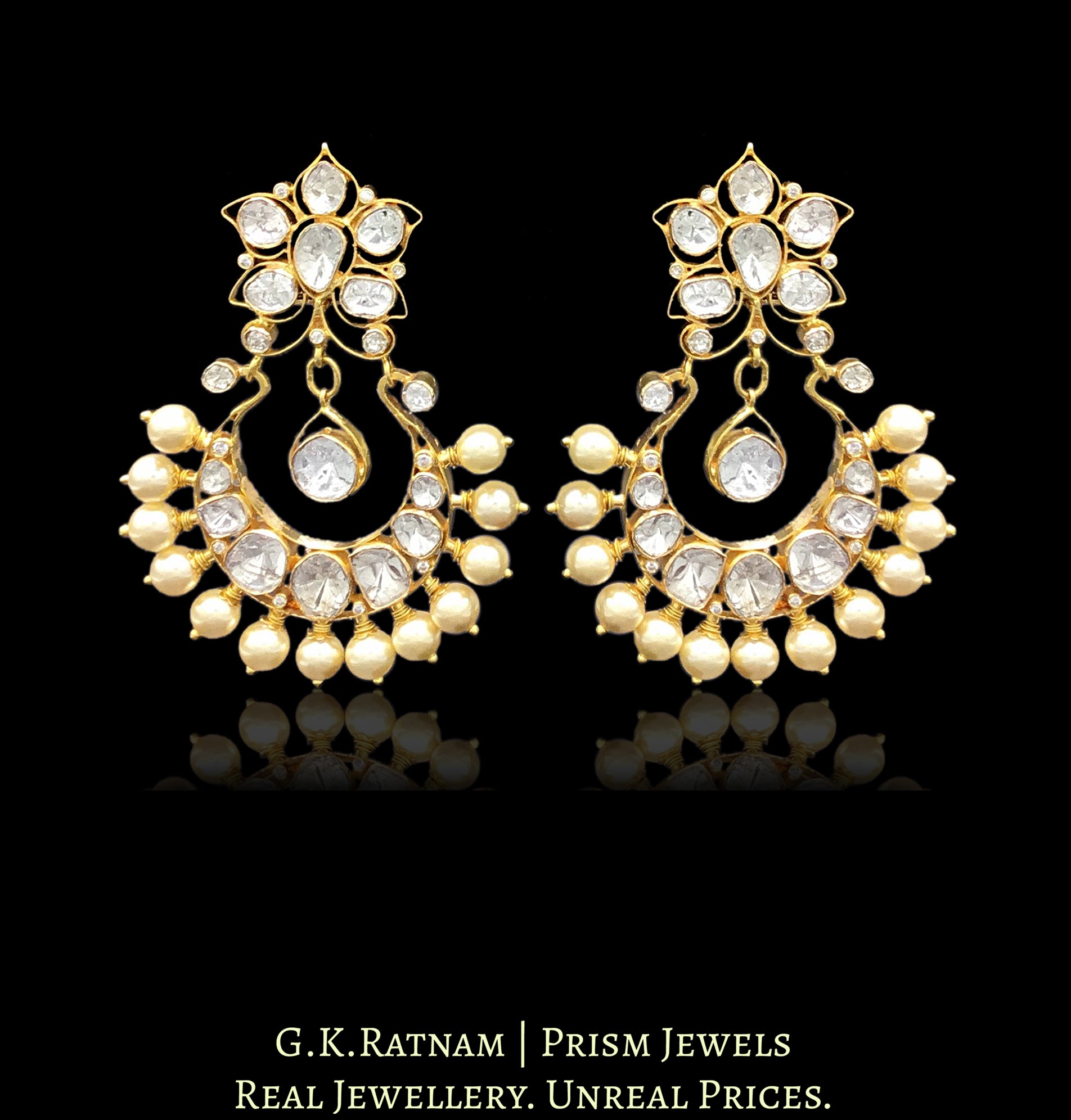 18k Gold and Diamond Polki Open Setting Chand Bali Earring Pair with pearl spikes - G. K. Ratnam