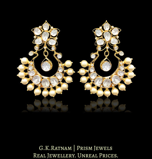 18k Gold and Diamond Polki Open Setting Chand Bali Earring Pair with pearl spikes - G. K. Ratnam