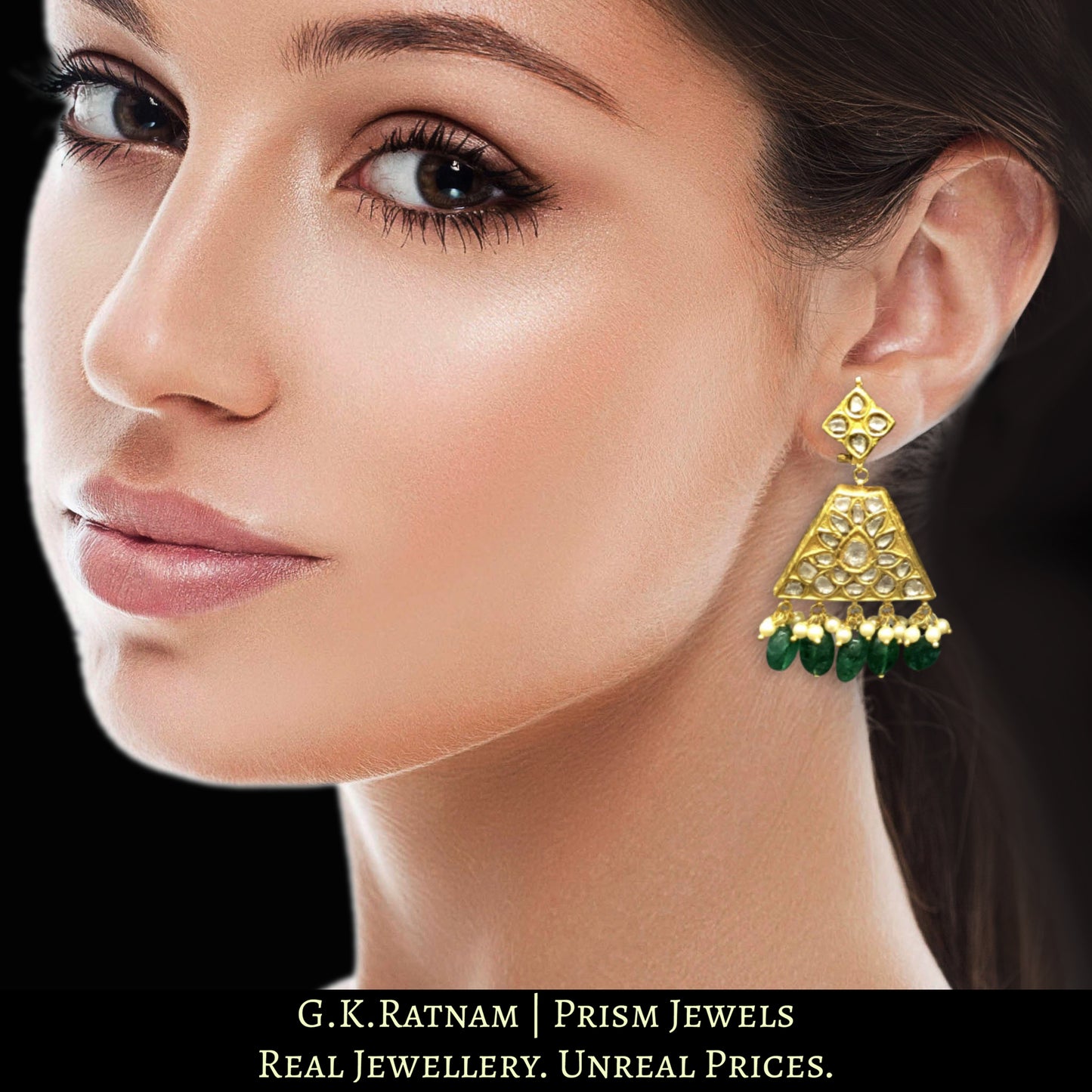 23k Gold and Diamond Polki two-step Long Earring Pair with trapezoidal hangings - G. K. Ratnam