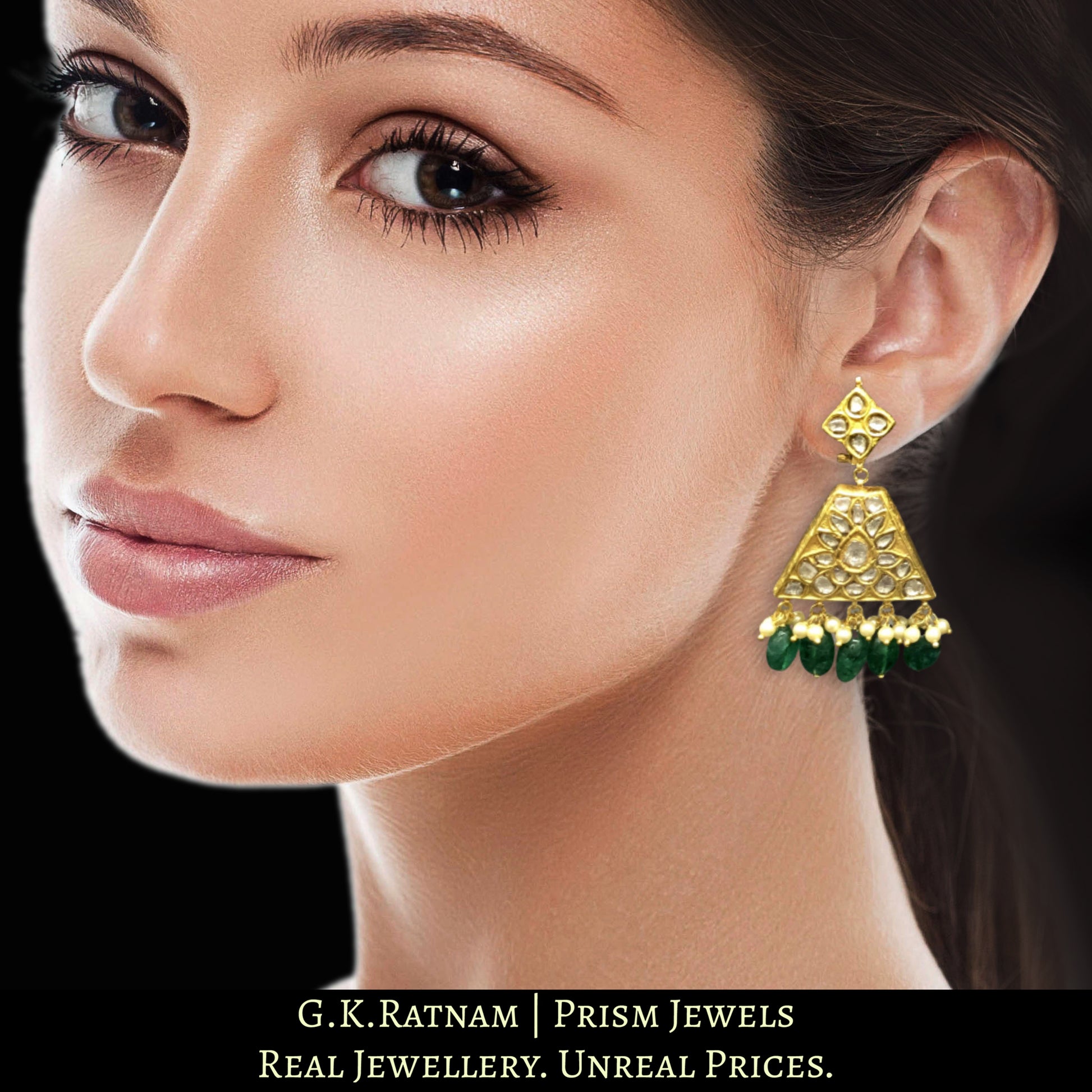 23k Gold and Diamond Polki two-step Long Earring Pair with trapezoidal hangings - G. K. Ratnam