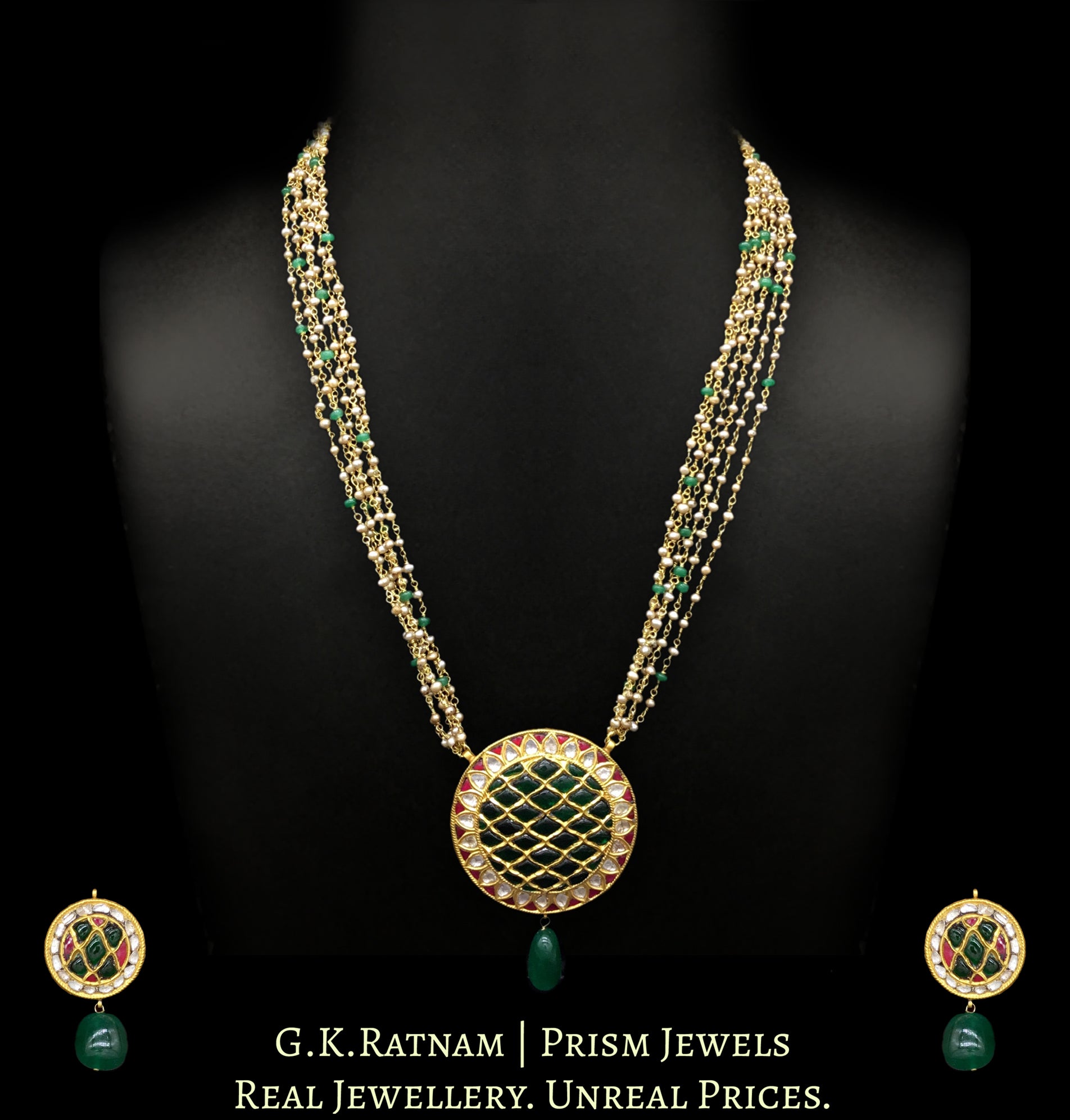 23k Gold and Diamond Polki round red and green Pendant Set with Antiqued freshwater pearl chains