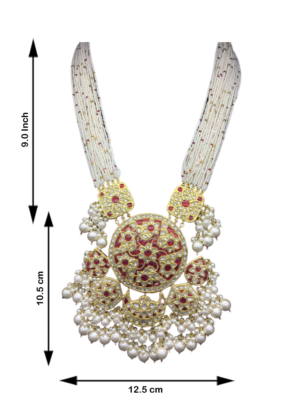 23k Gold and Diamond Polki Ruby Hybrid Pendant Set with tiny chid pearl bunches