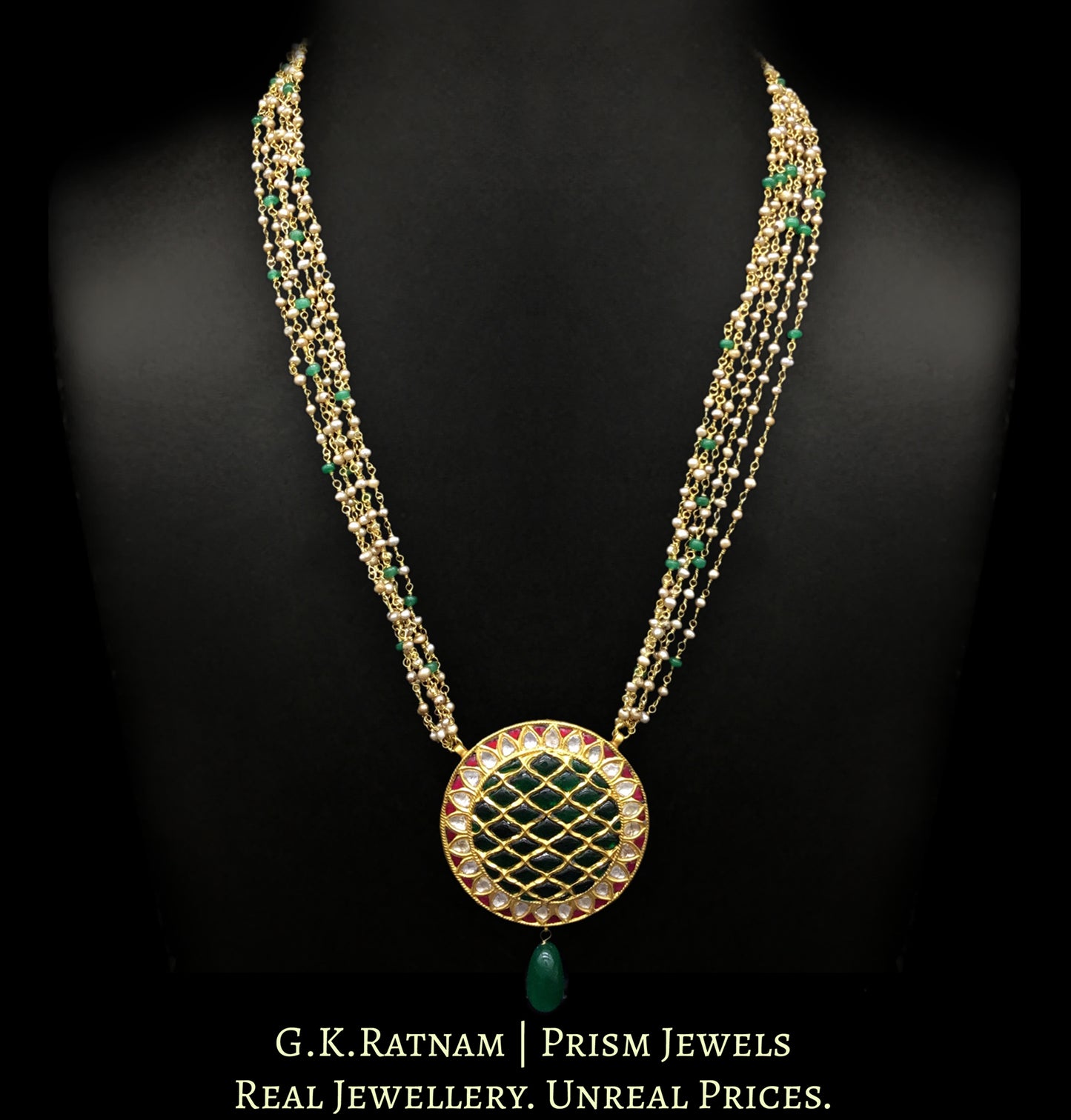 23k Gold and Diamond Polki round red and green Pendant Set with Antiqued freshwater pearl chains