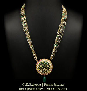 23k Gold and Diamond Polki round red and green Pendant Set with Antiqued freshwater pearl chains