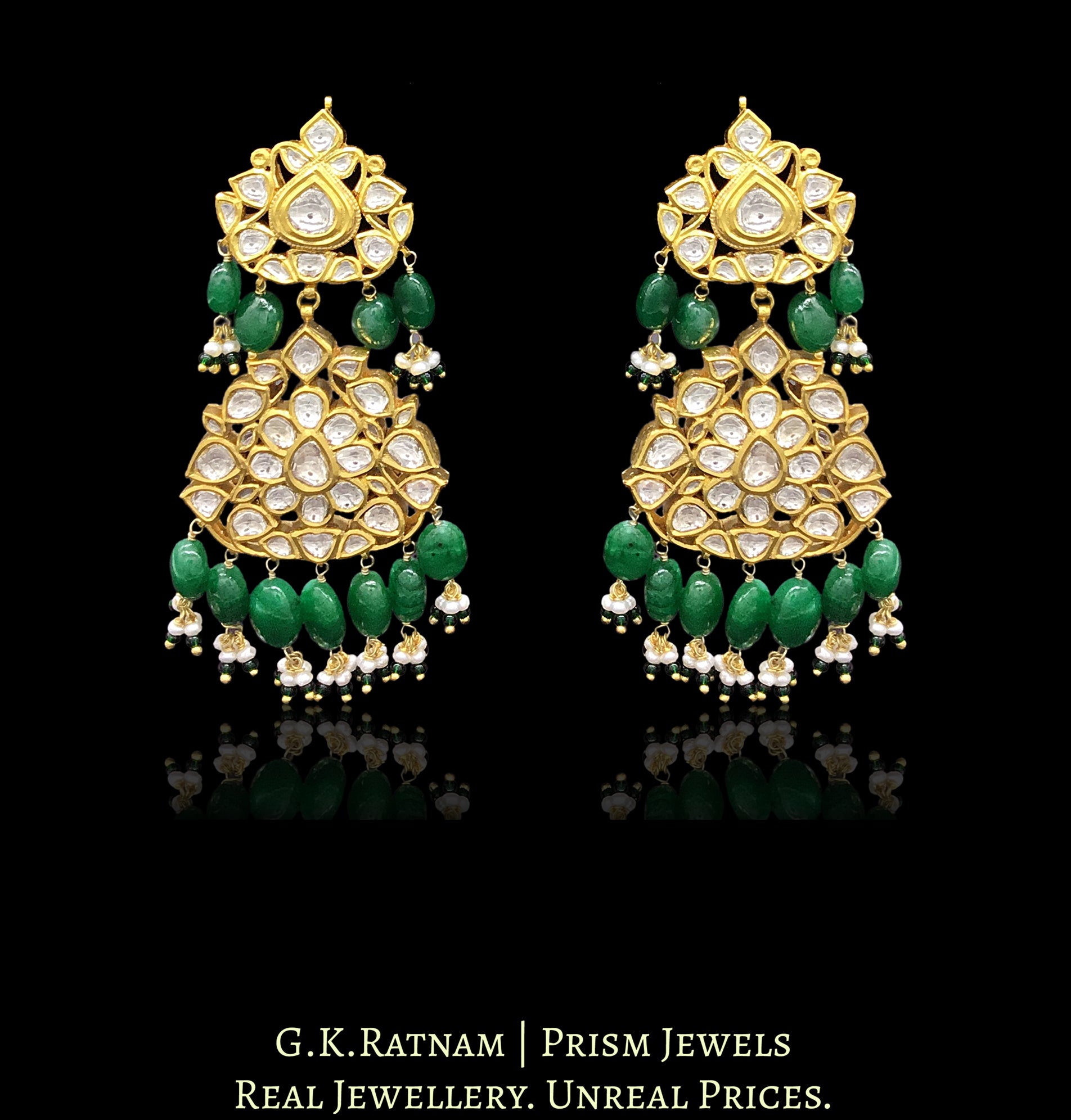 Traditional Gold and Diamond Polki Long Earring Pair with emerald-grade green beryls - G. K. Ratnam
