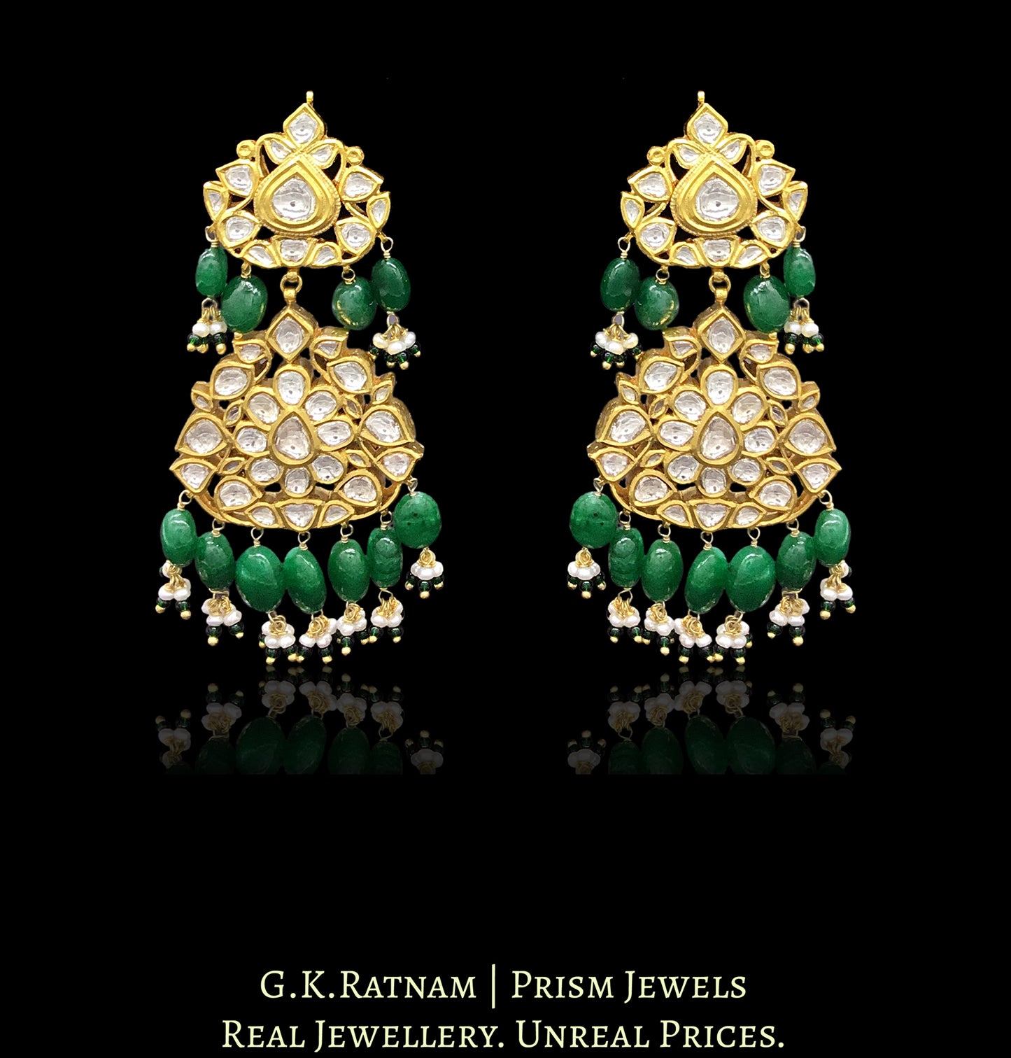 Traditional Gold and Diamond Polki Long Earring Pair with emerald-grade green beryls - G. K. Ratnam