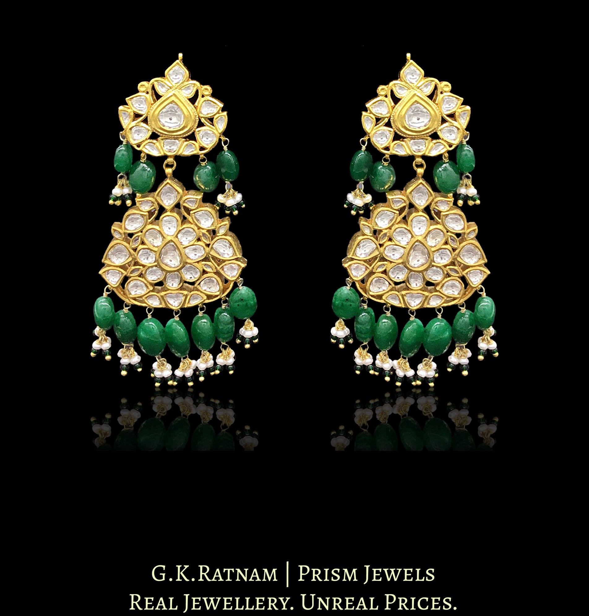 Traditional Gold and Diamond Polki Long Earring Pair with emerald-grade green beryls - G. K. Ratnam