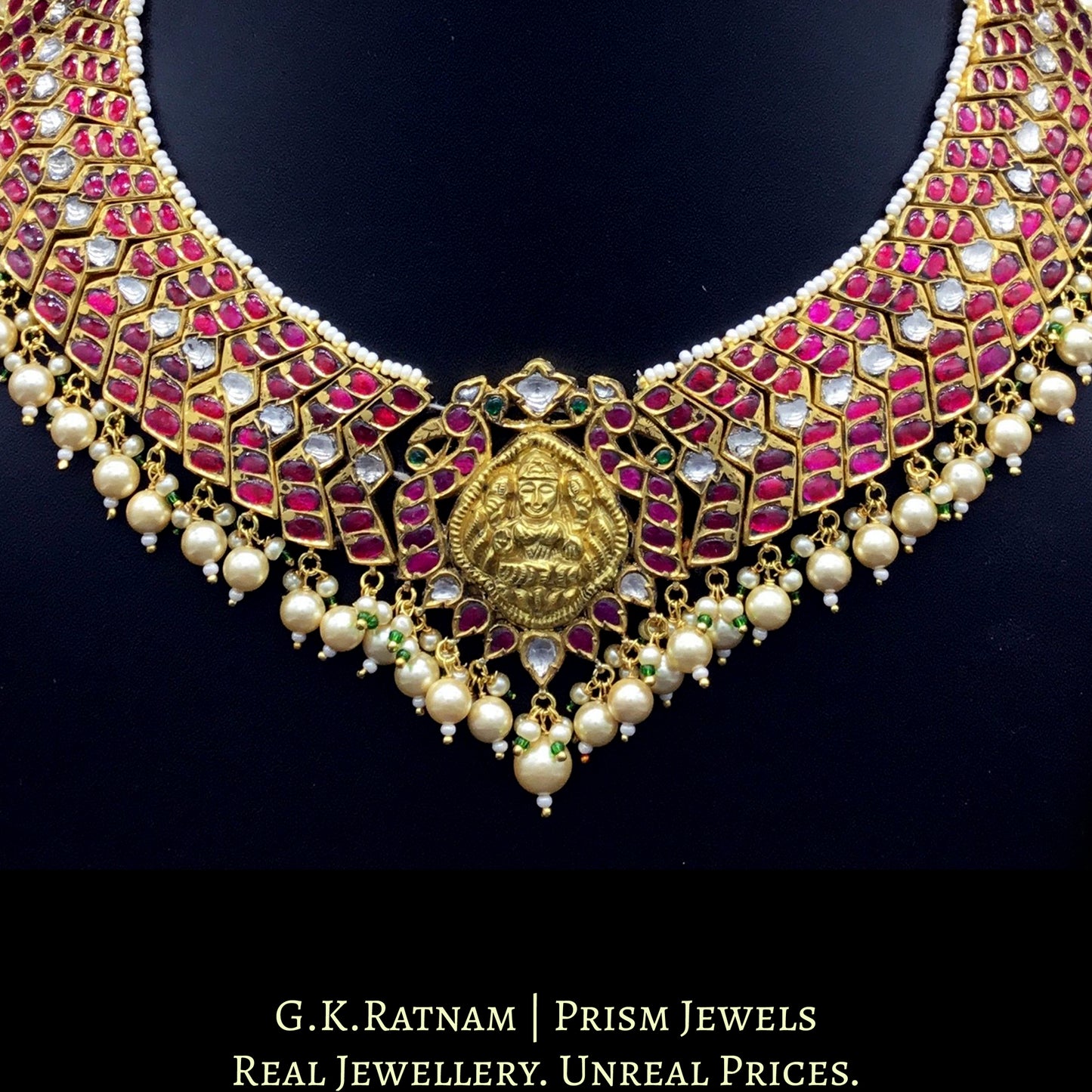 22k Gold and Diamond Polki Necklace with a blend of south, temple and jadau artforms - G. K. Ratnam