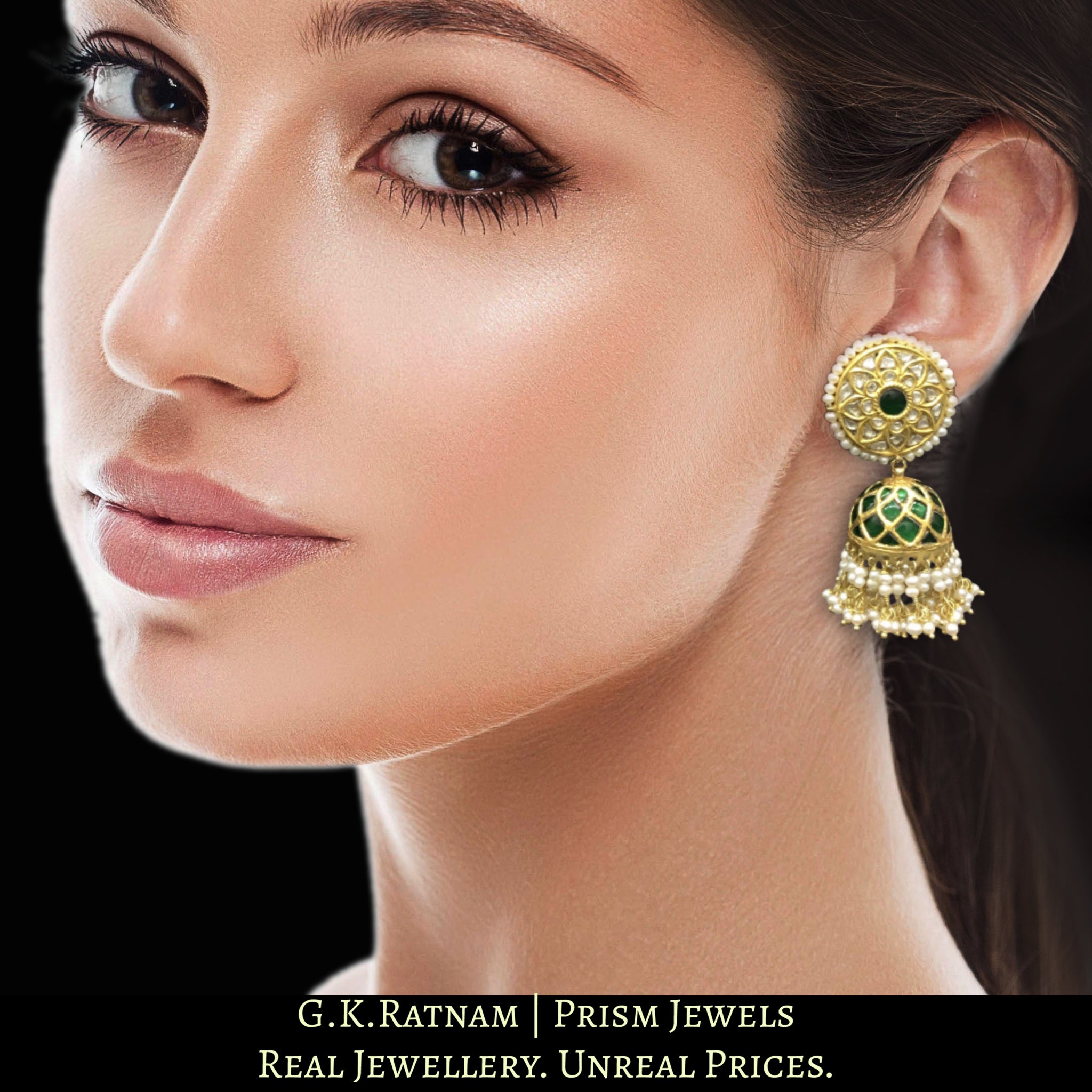 23k Gold and Diamond Polki Jhumki Earrings set with emerald-green stones and enhanced with Freshwater Pearls