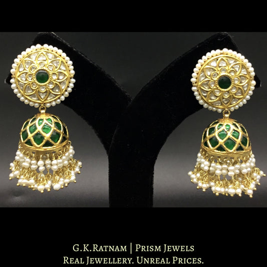 23k Gold and Diamond Polki Jhumki Earrings set with emerald-green stones and enhanced with Freshwater Pearls