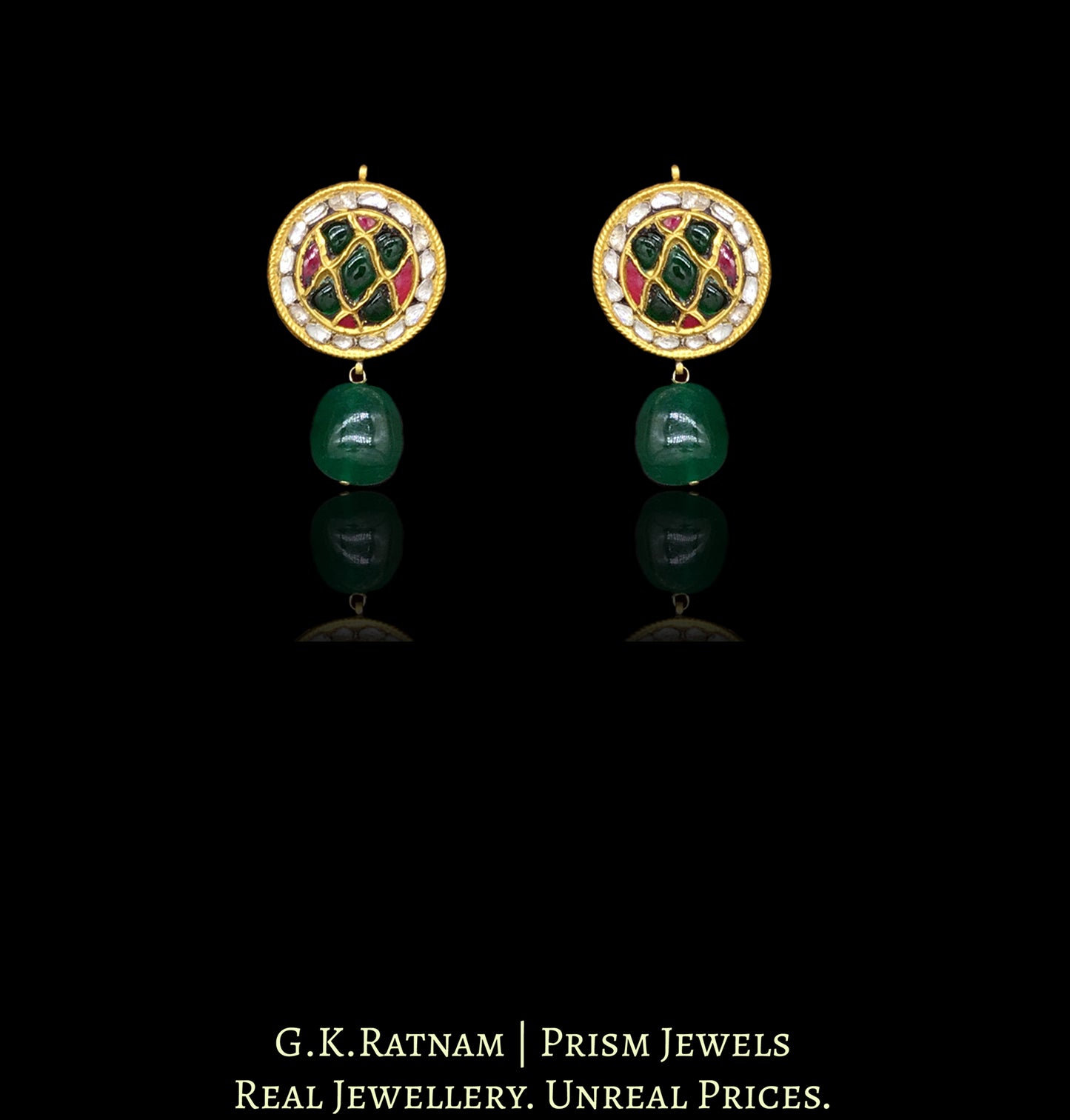 23k Gold and Diamond Polki round red and green Pendant Set with Antiqued freshwater pearl chains