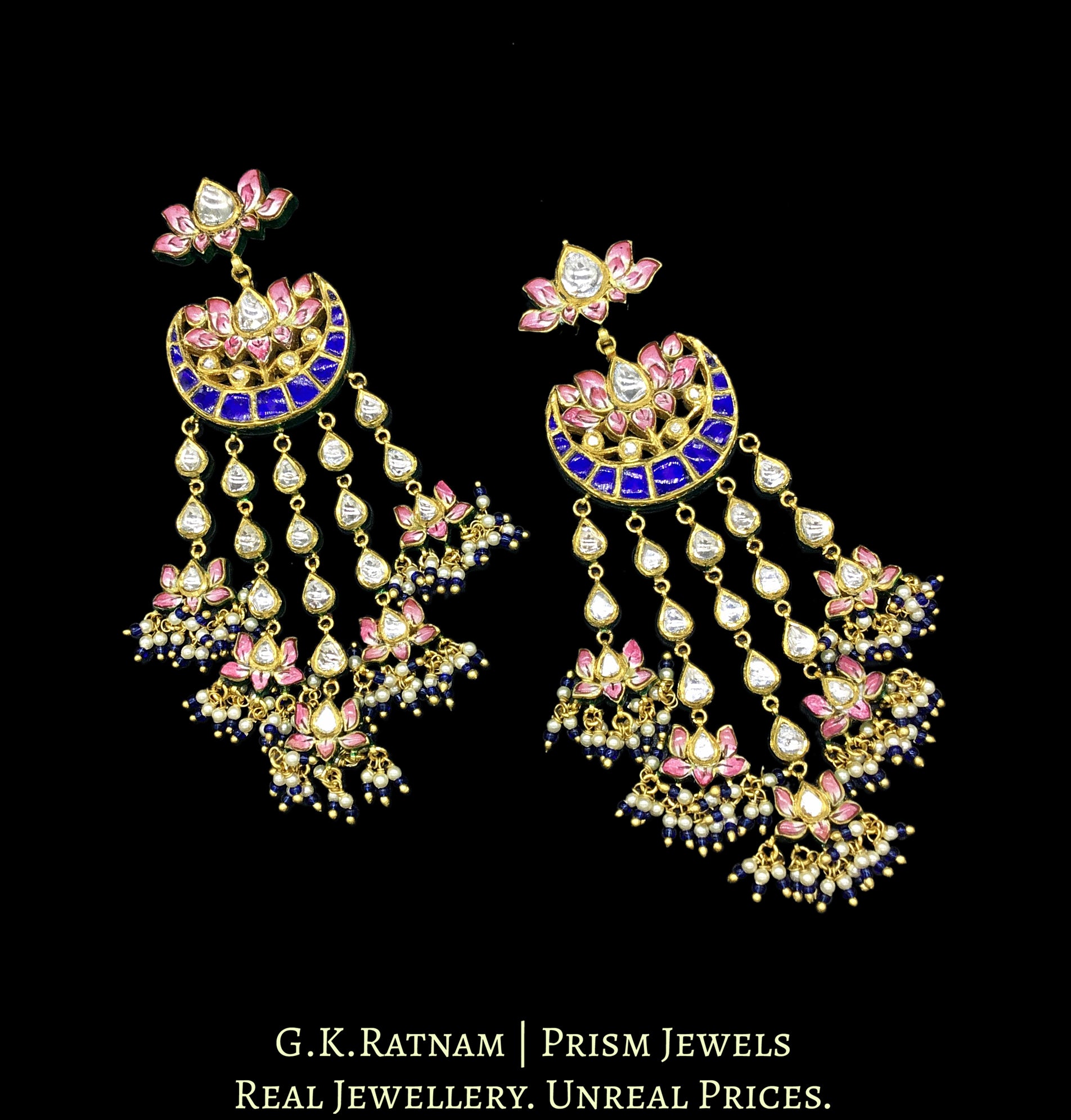 18k Gold and Diamond Polki Lotus Chandelier Earring Pair with cascading polkis - G. K. Ratnam