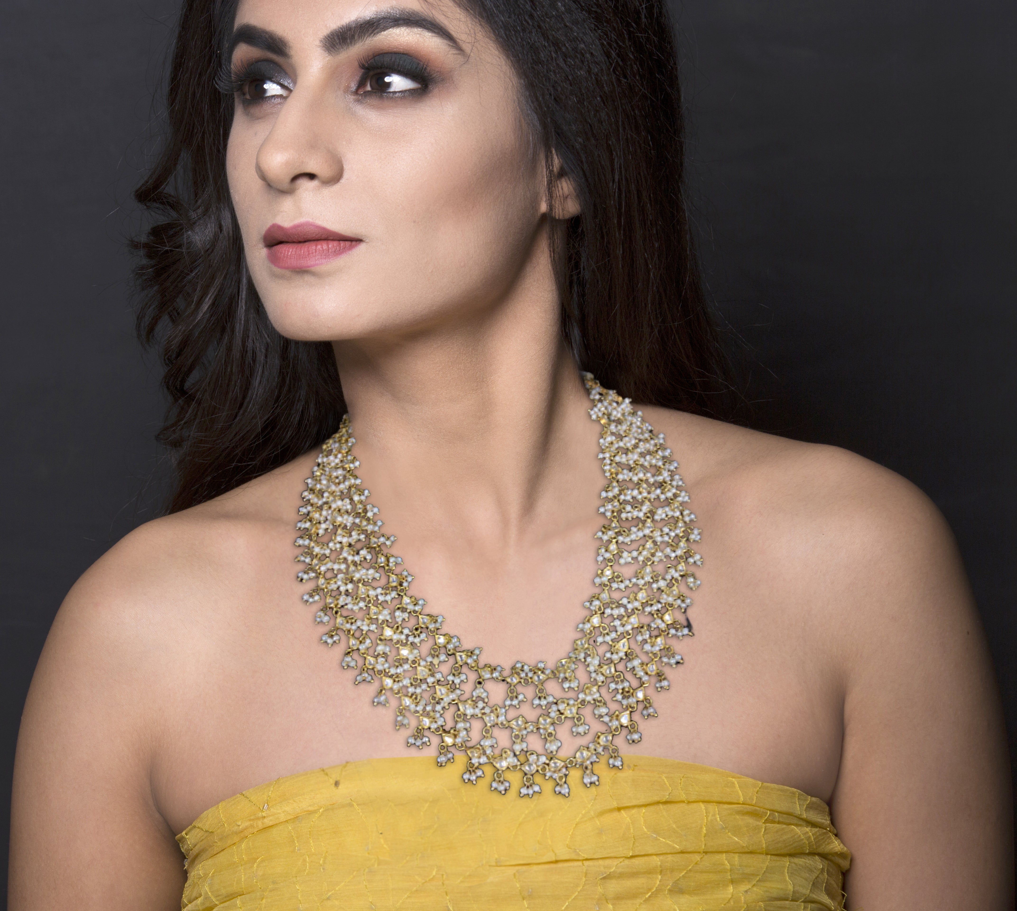 Traditional Gold and Diamond Polki 3-line Necklace with Uncut Drops strung together in Natural Freshwater Pearls