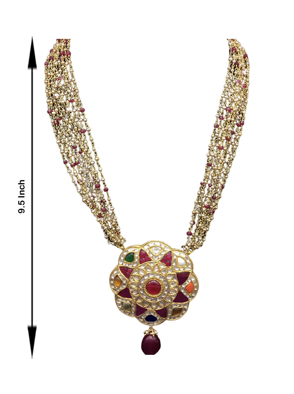 23k Gold and Diamond Polki Navratna floral Pendant with Antique Hyderabadi Pearl Chains