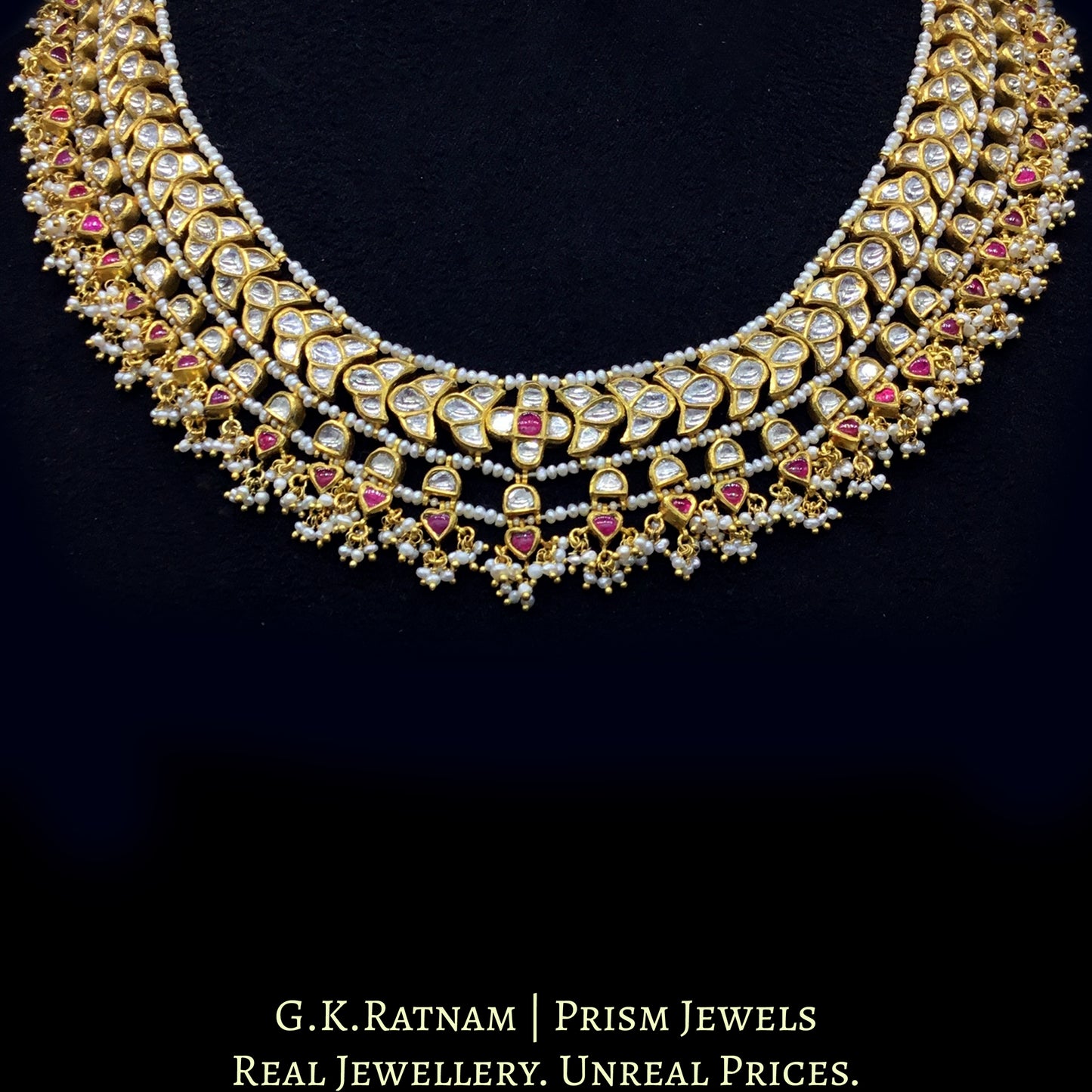 18k Gold and Diamond Polki south-style Necklace with Natural Freshwater Pearls - G. K. Ratnam