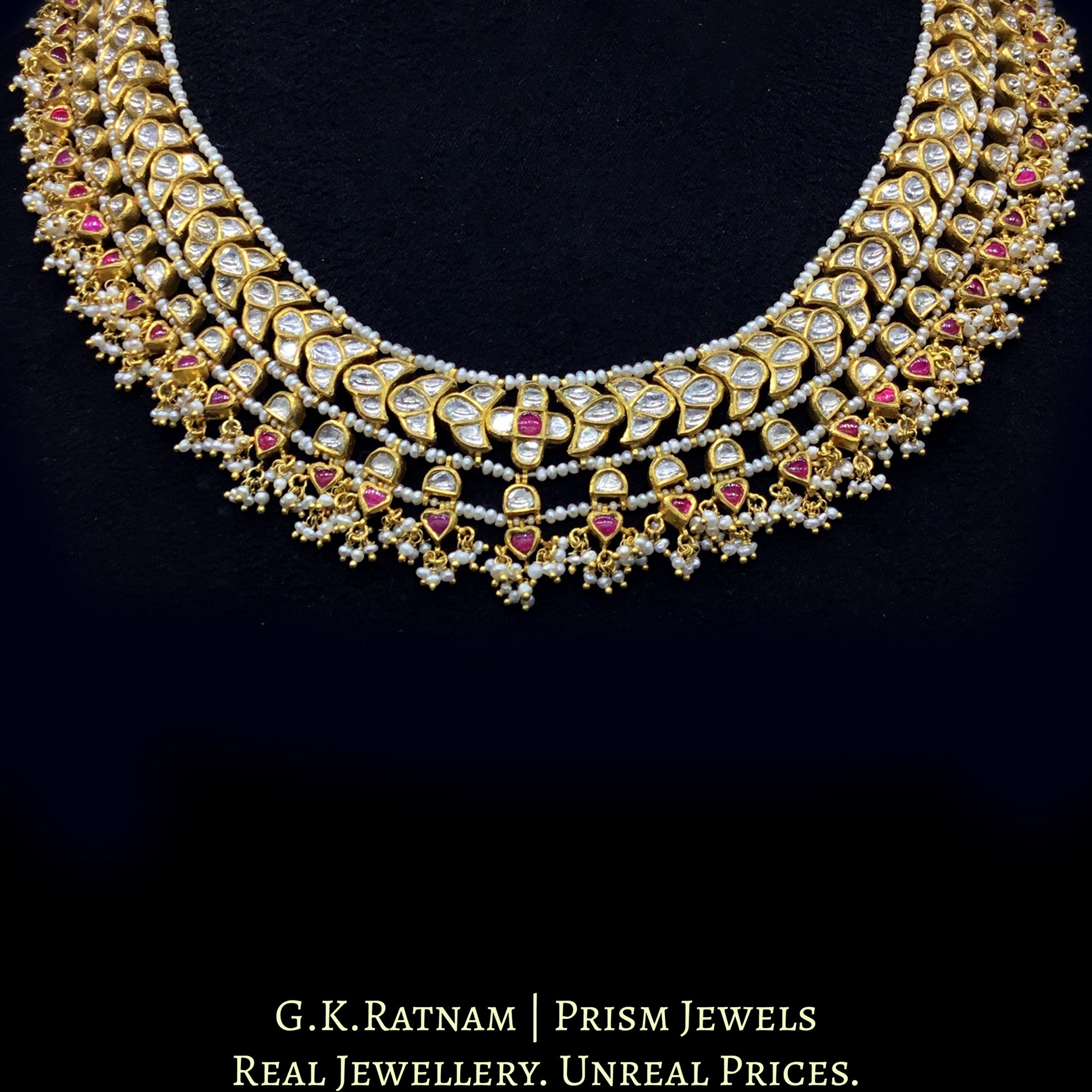 18k Gold and Diamond Polki south-style Necklace with Natural Freshwater Pearls - G. K. Ratnam