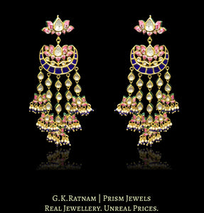 18k Gold and Diamond Polki Lotus Chandelier Earring Pair with cascading polkis - G. K. Ratnam