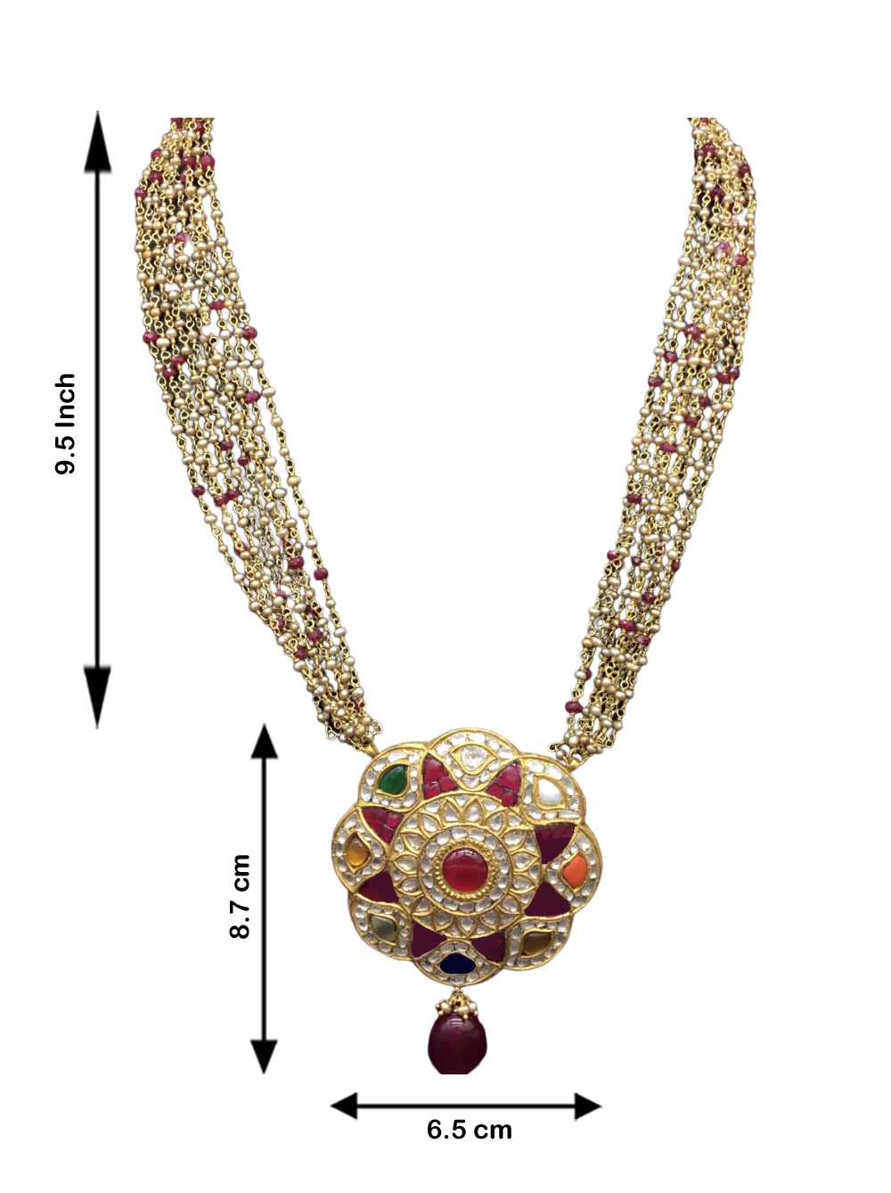 23k Gold and Diamond Polki Navratna floral Pendant with Antique Hyderabadi Pearl Chains