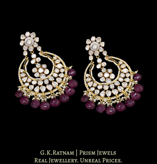 18k Gold and Diamond Polki Open Setting Chand Bali Earring Pair with Rubies - G. K. Ratnam