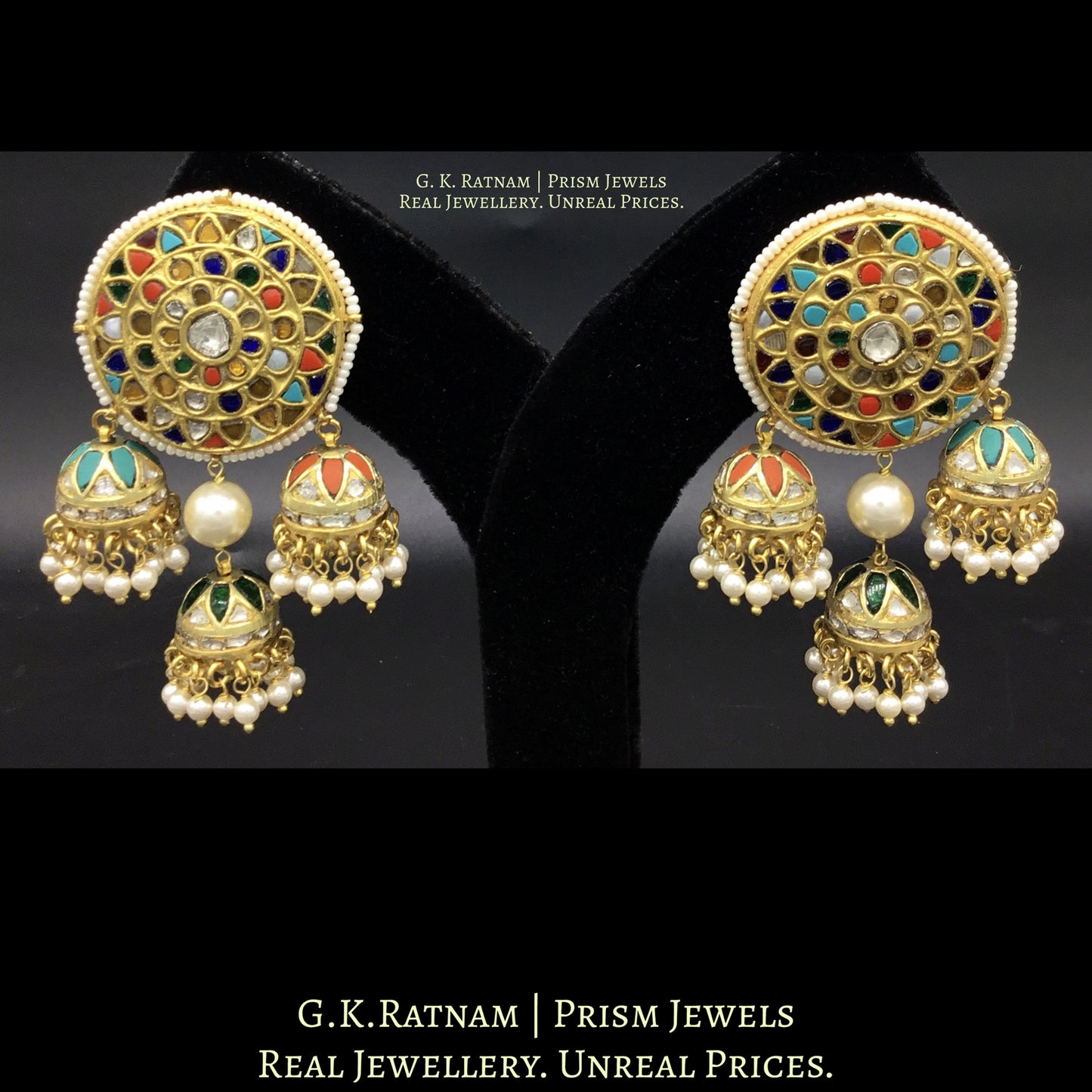 23k Gold and Diamond Polki Navratna Karnfools with small Jhumkis