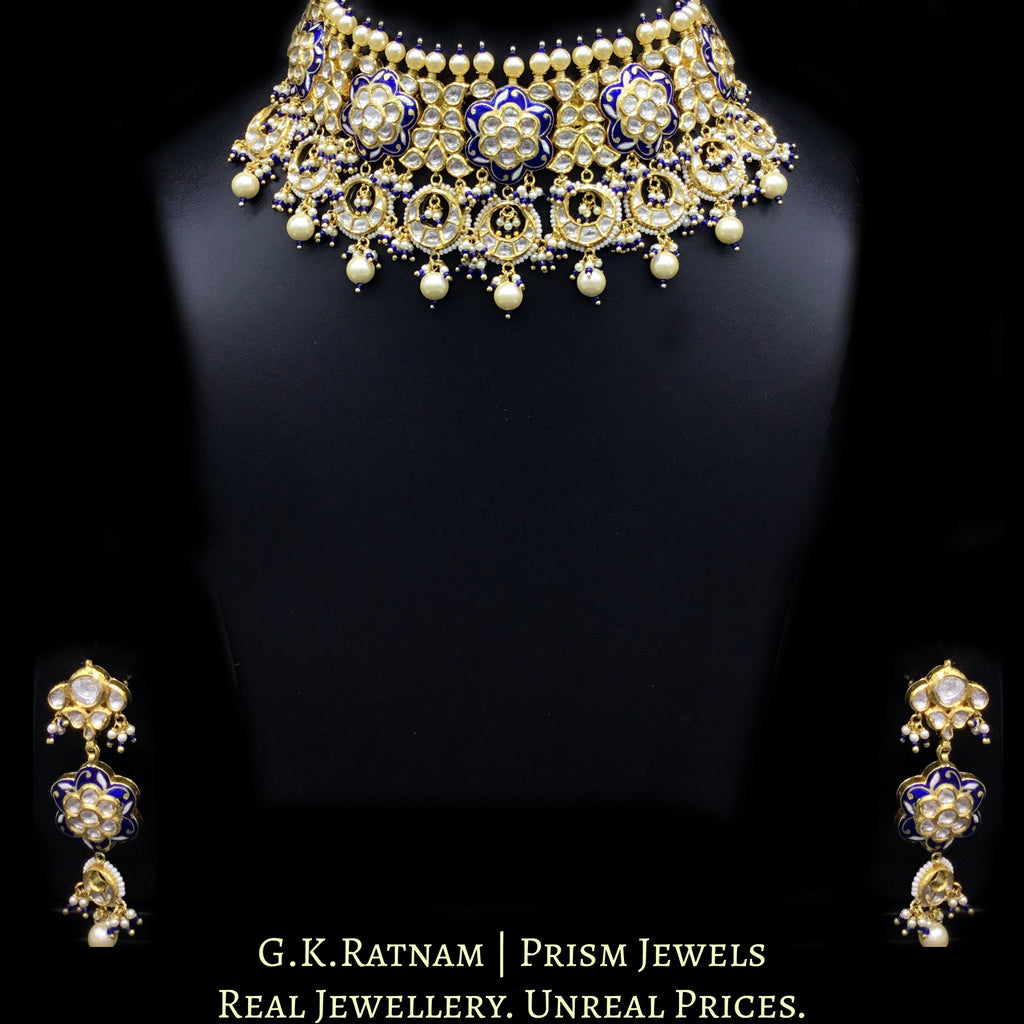 18k Gold and Diamond Polki Choker Necklace Set with elegant blue meenakari