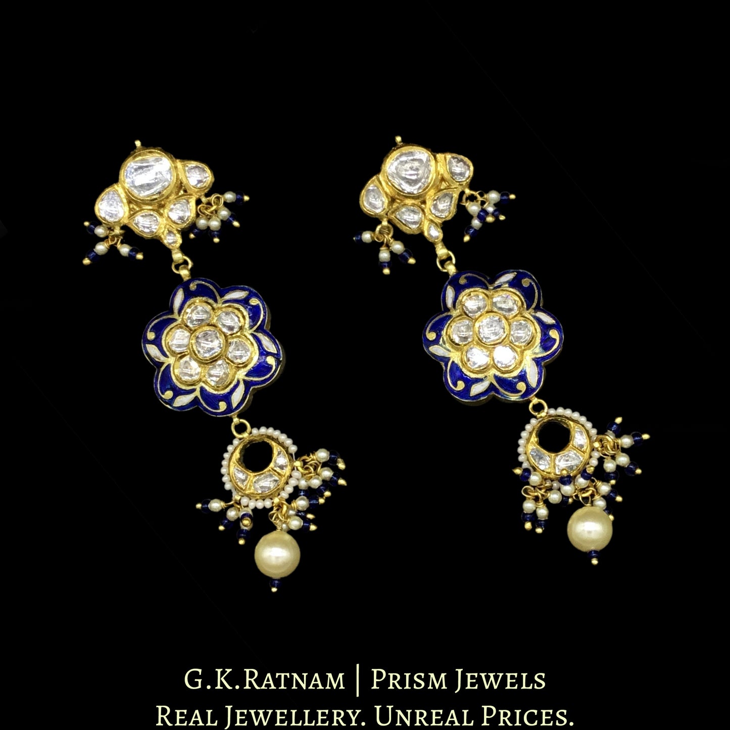 18k Gold and Diamond Polki Choker Necklace Set with elegant blue meenakari