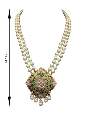 23k Gold and Diamond Polki multi-color designer Pendant with lustrous south-sea-like pearls