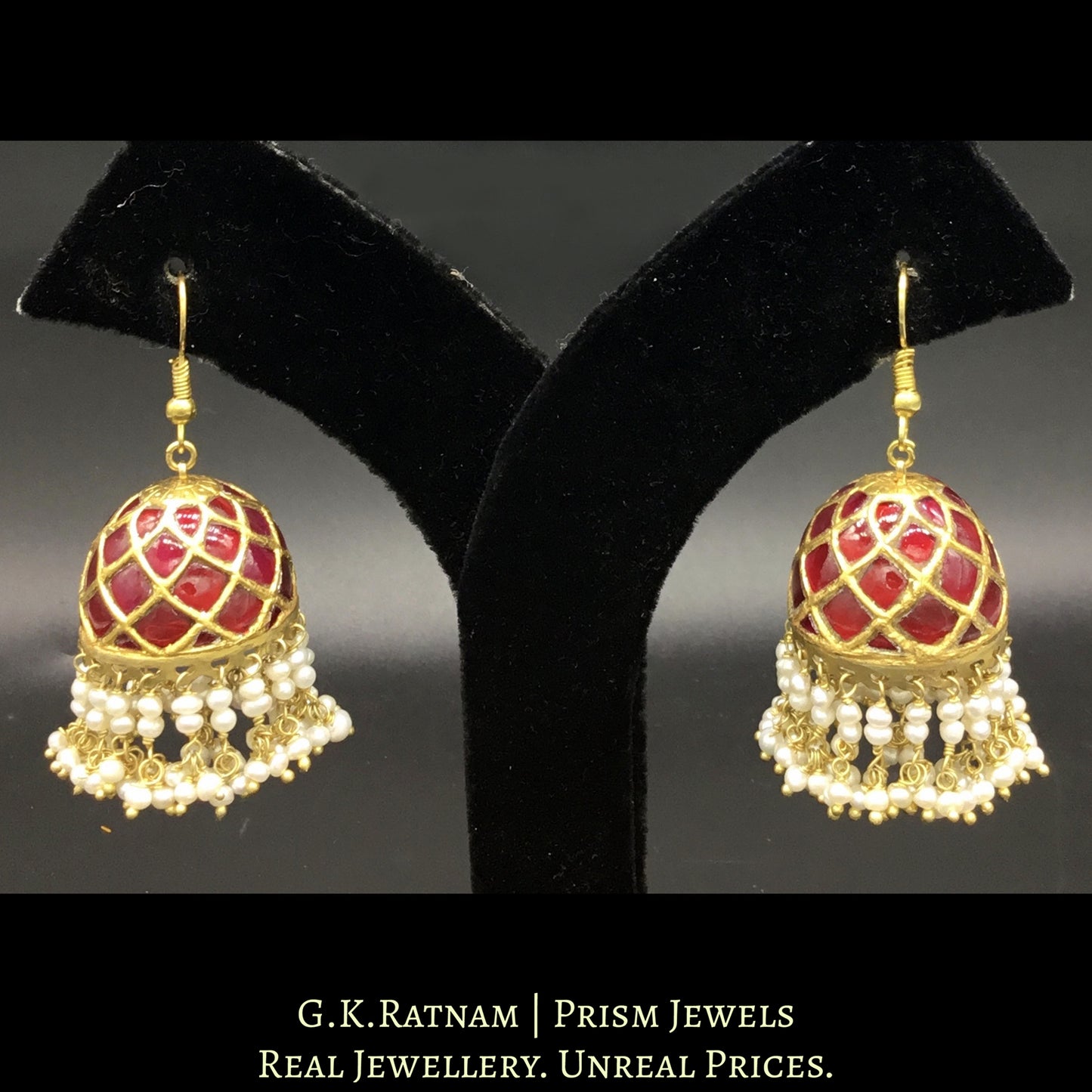 23k Gold and Ruby Jhumki Earring Pair enhanced with Natural Freshwater Pearls