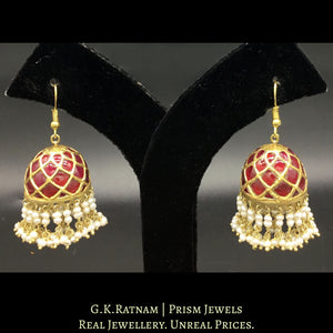 23k Gold and Ruby Jhumki Earring Pair enhanced with Natural Freshwater Pearls