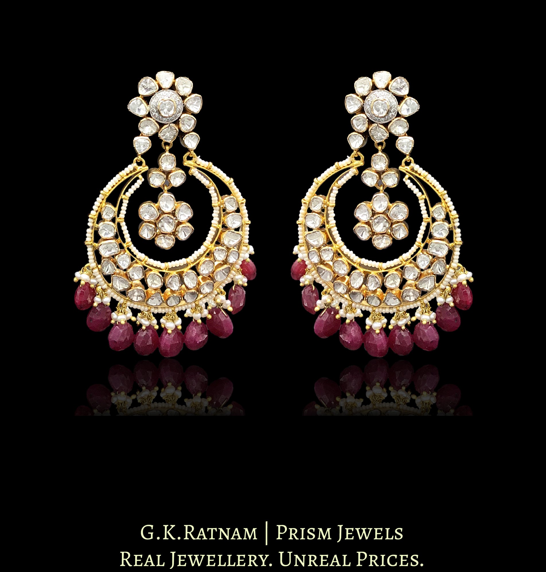 18k Gold and Diamond Polki Open Setting Chand Bali Earring Pair with Rubies - G. K. Ratnam
