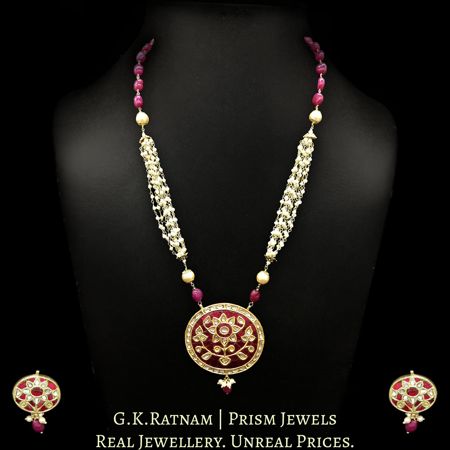 23k Gold and Diamond Polki Oval Pendant Set with ruby-red stones - G. K. Ratnam