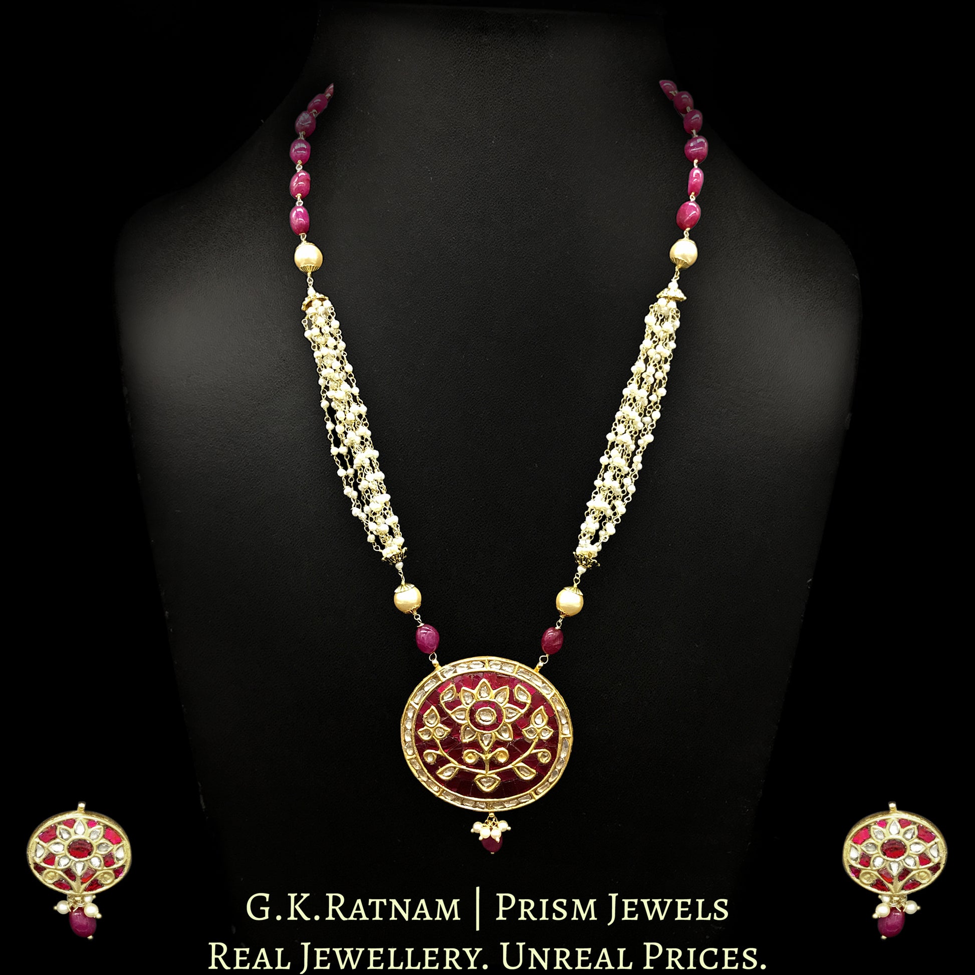 23k Gold and Diamond Polki Oval Pendant Set with ruby-red stones - G. K. Ratnam