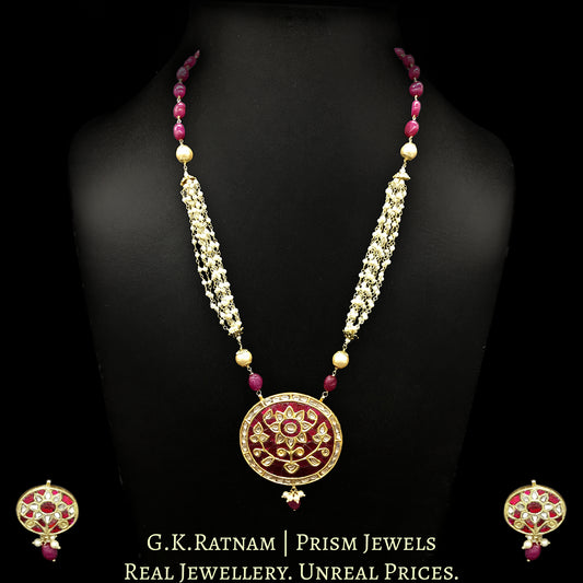 23k Gold and Diamond Polki Oval Pendant Set with ruby-red stones - G. K. Ratnam