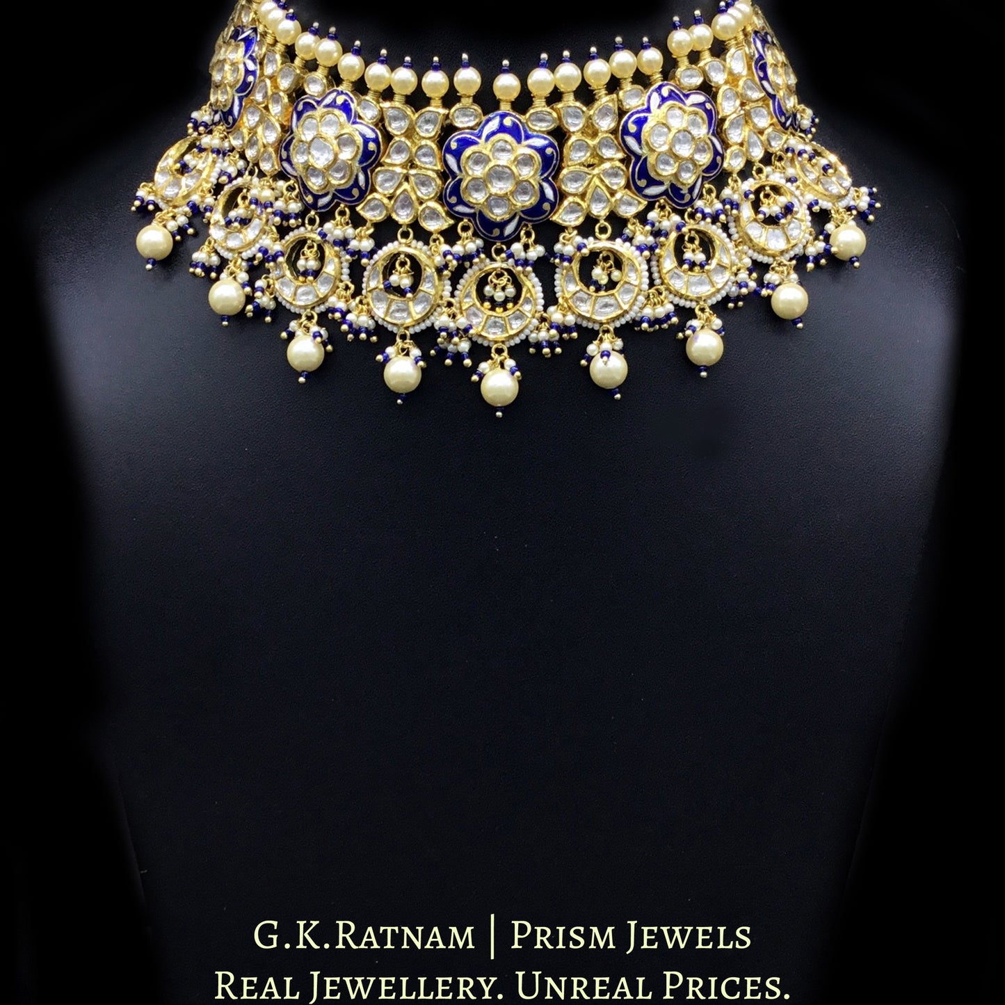 18k Gold and Diamond Polki Choker Necklace Set with elegant blue meenakari