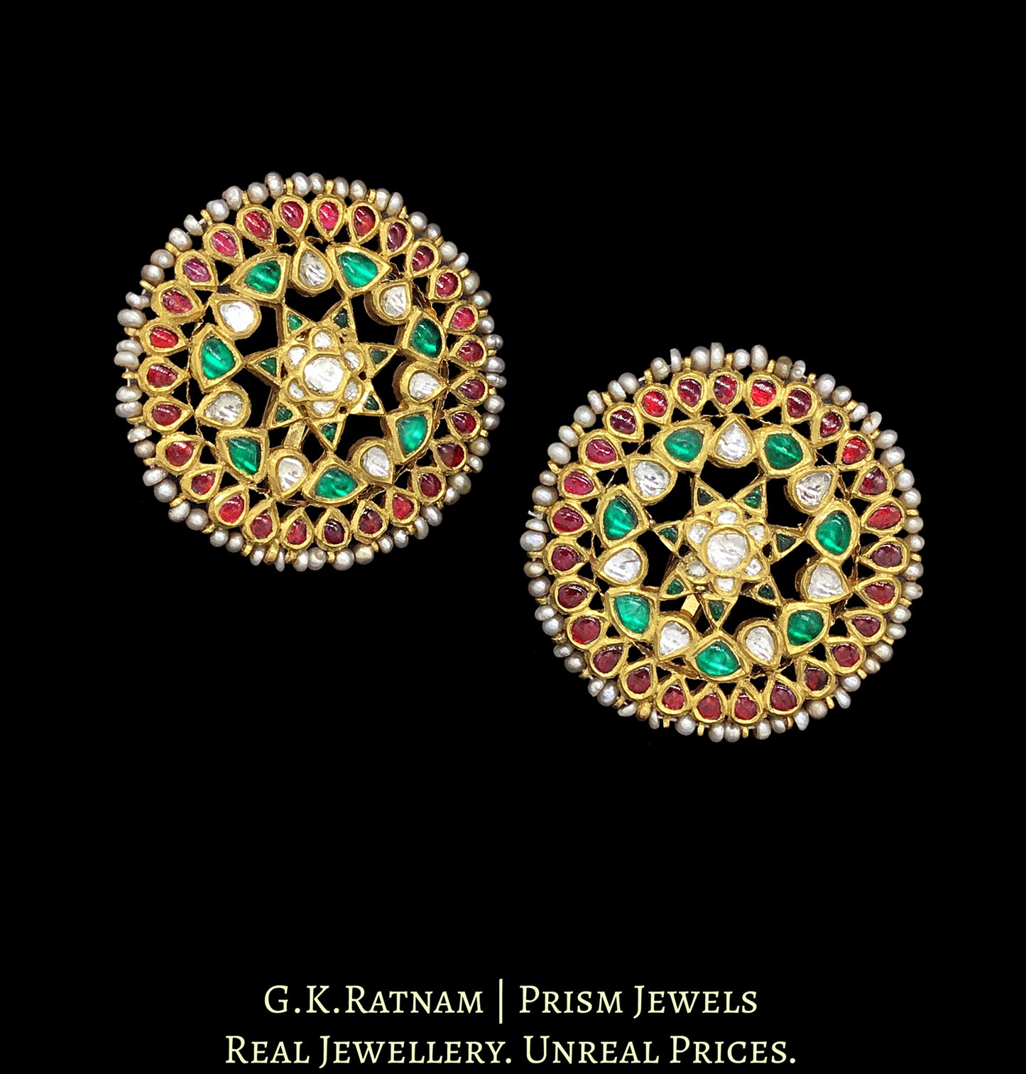 22k Gold and Diamond Polki Karanphool Earring Pair with Rubies and Emeralds - G. K. Ratnam