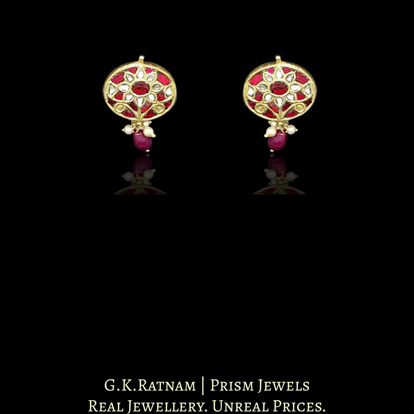 23k Gold and Diamond Polki Oval Pendant Set with ruby-red stones - G. K. Ratnam