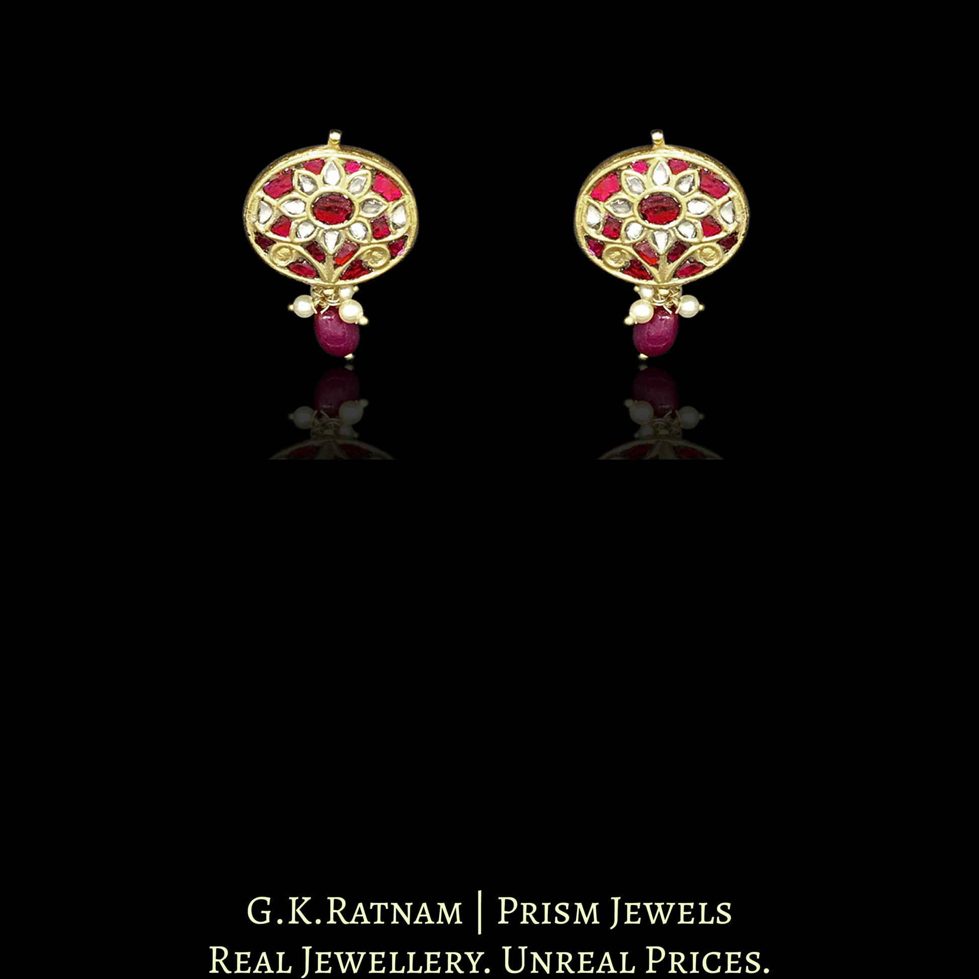 23k Gold and Diamond Polki Oval Pendant Set with ruby-red stones - G. K. Ratnam