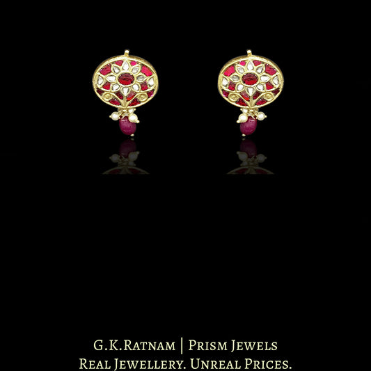 23k Gold and Diamond Polki Oval Pendant Set with ruby-red stones - G. K. Ratnam