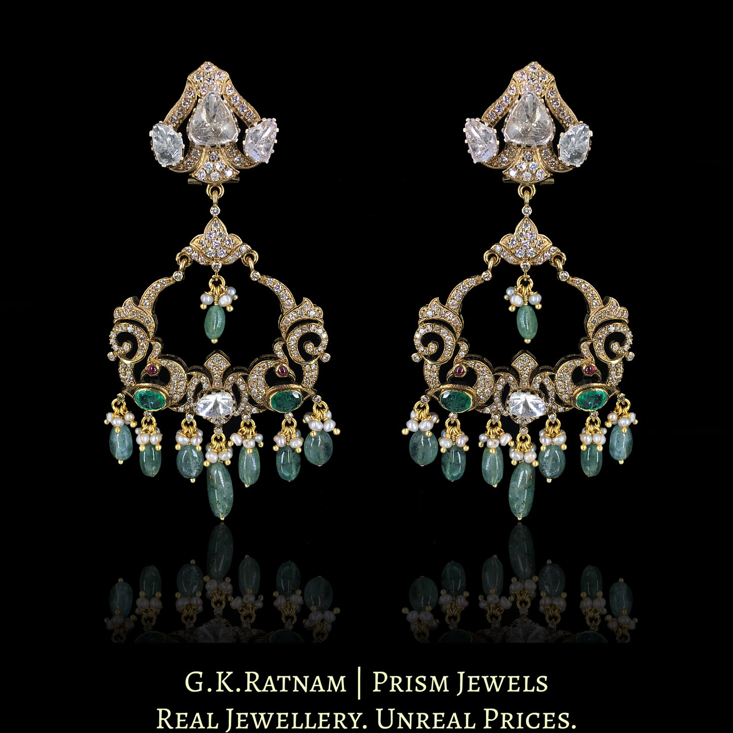 14k Gold and Diamond Polki Open Setting Chand Bali Earring Pair with Natural Emeralds