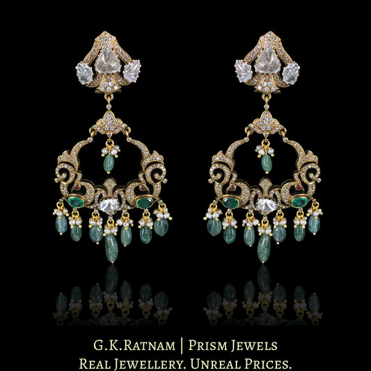 14k Gold and Diamond Polki Open Setting Chand Bali Earring Pair with Natural Emeralds