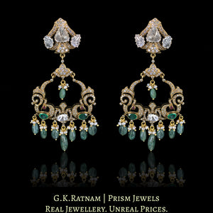 14k Gold and Diamond Polki Open Setting Chand Bali Earring Pair with Natural Emeralds