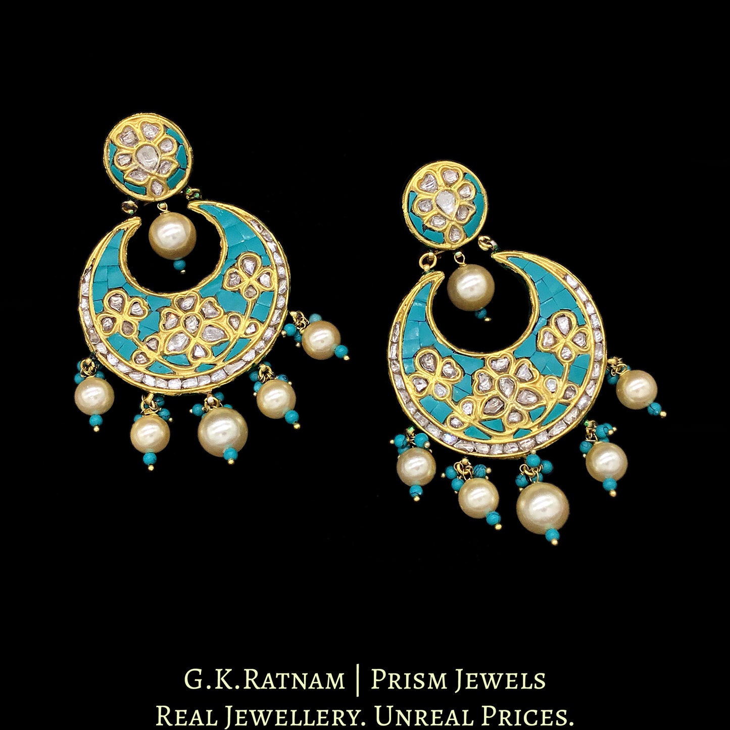 23k Gold and DIamond Polki Chand Bali Earring Pair with Turquoise Setting - G. K. Ratnam