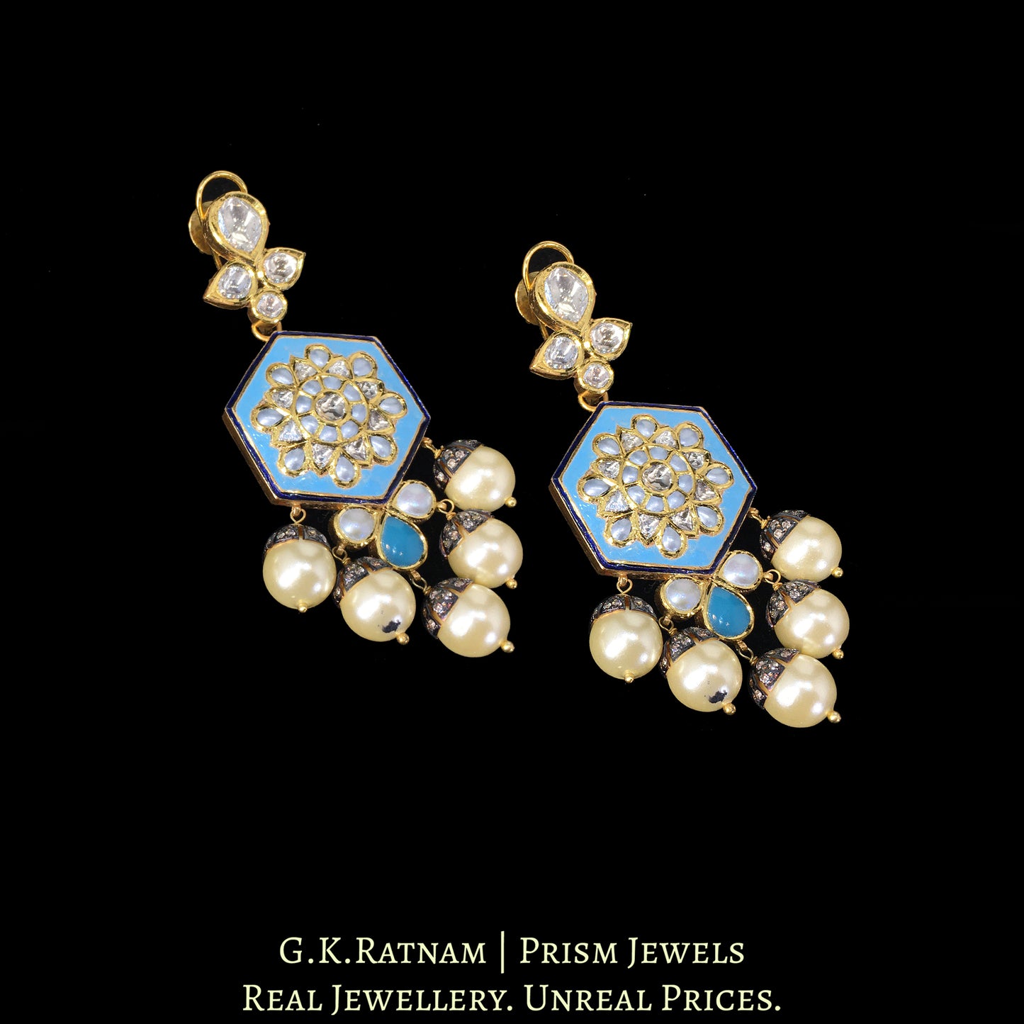 22k Gold and Diamond Polki reversible Long Earring Pair with Pearls